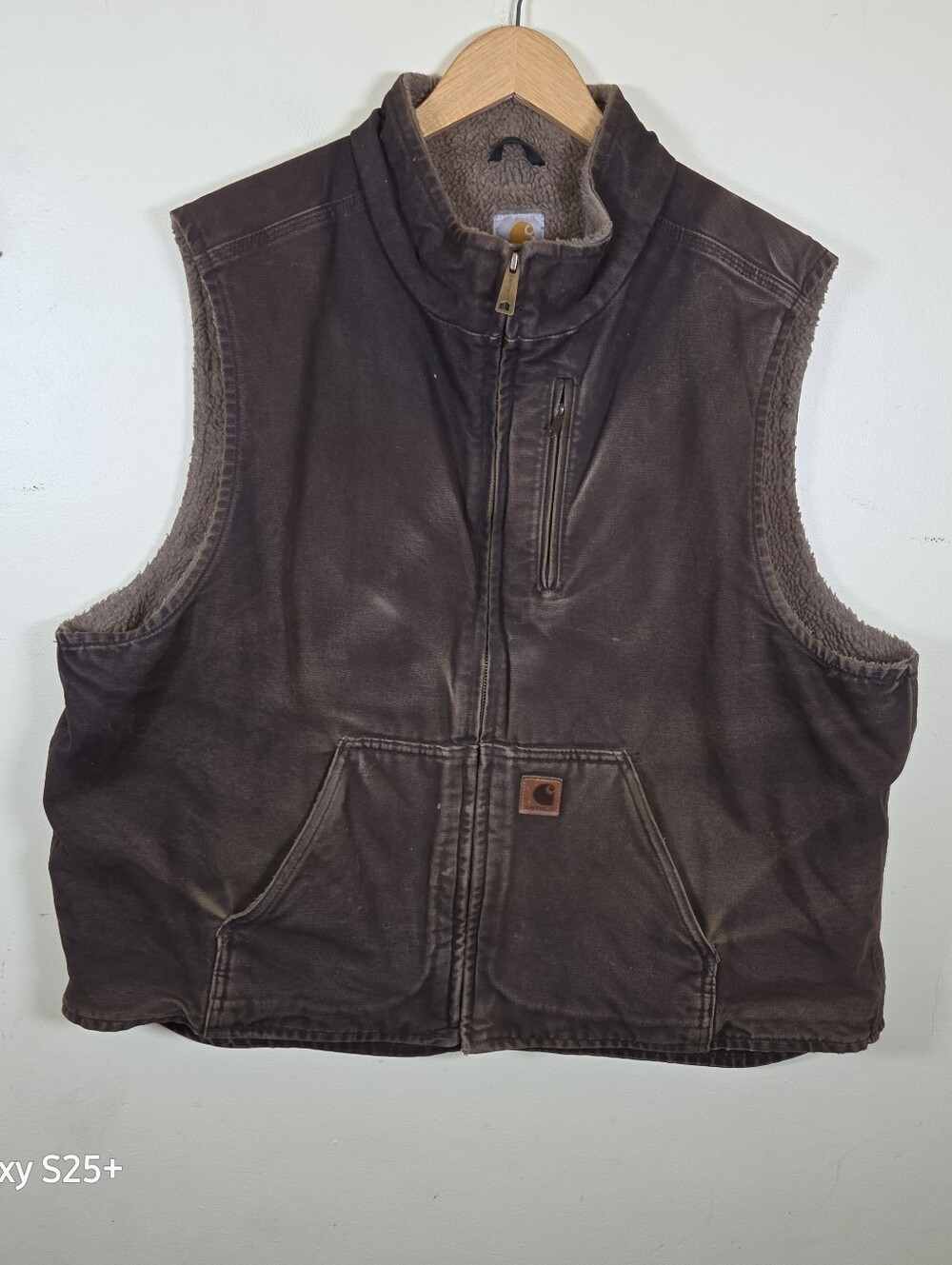 Carhartt Brown Sherpa-Lined Zip Front Work Vest Pockets Men’s 2XL V33 - DXB
